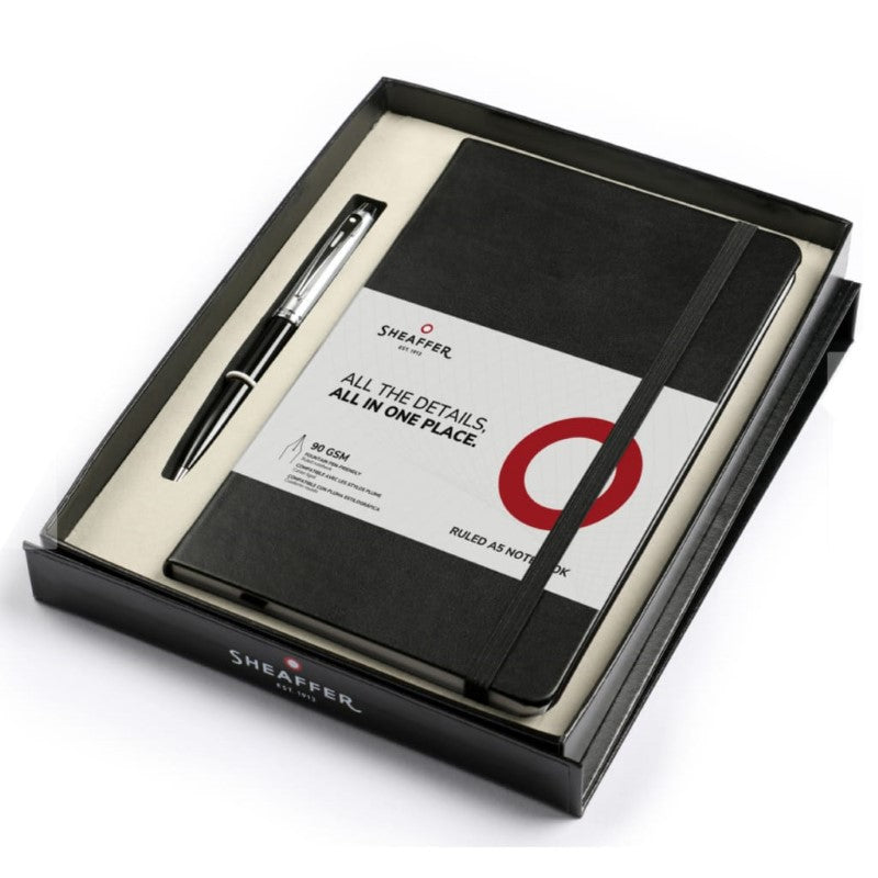 SHEAFFER 100 GLOSS BLACK BRUSH CHROME/CHR PT BALLPOINT PEN A5 NOTEBOOK