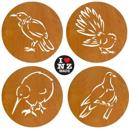 Sophie Blokker Set of 4  Rimu Coasters - Tui, Fantail, Kiwi, Wood Pigeon