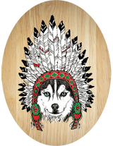 Tribal Husky plywood wall art featuring a unique oval design, perfect for enhancing home decor with nature-inspired elegance.