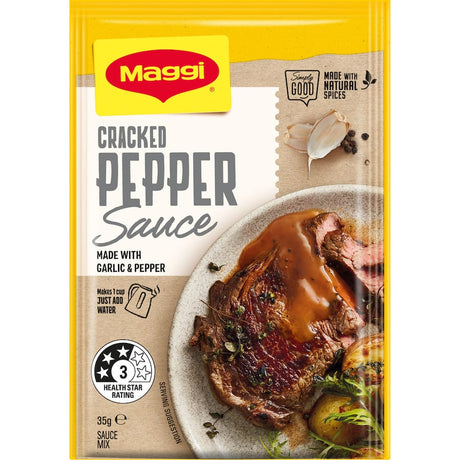 Creamy Maggi Sauce Mix Cracked Pepper enhances meals with garlic and cracked pepper flavor, ready in under five minutes.