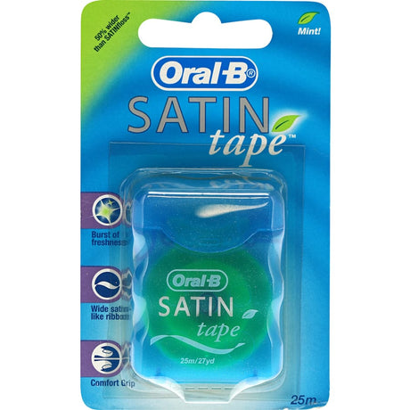 Oral-B Dental Floss Satin Mint Tape with satin texture and mint flavor for effective, comfortable plaque removal.