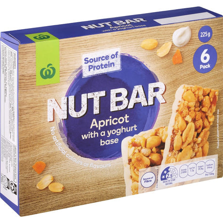 Woolworths Nut Bars featuring apricot and yogurt base, combining crunchy peanuts and sweet fruit in a convenient 6-pack.