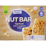 Woolworths Nut Bars Apricot with Yoghurt Base featuring crunchy peanuts, chewy apricots, and creamy yoghurt in a convenient 6-pack.