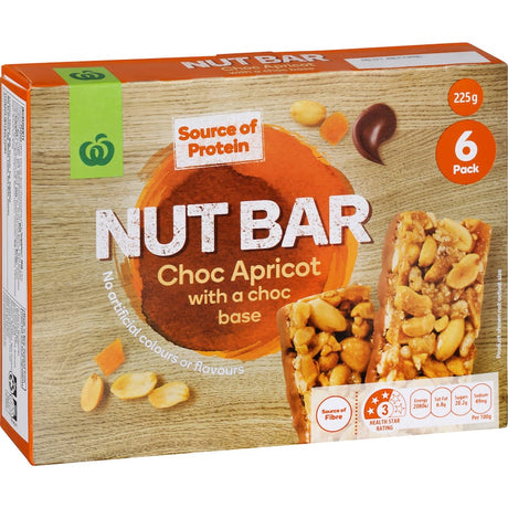 Woolworths Nut Bars with choc apricot flavor, featuring crunchy peanuts and a rich chocolate base for guilt-free snacking.