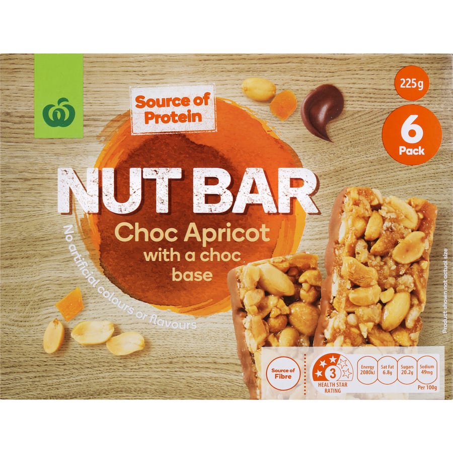 Woolworths Nut Bars featuring choc apricot, crunchy peanuts, and a rich chocolate base, perfect for a nutritious snack on the go.