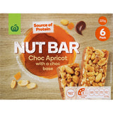 Woolworths Nut Bars featuring choc apricot, crunchy peanuts, and a rich chocolate base, perfect for a nutritious snack on the go.