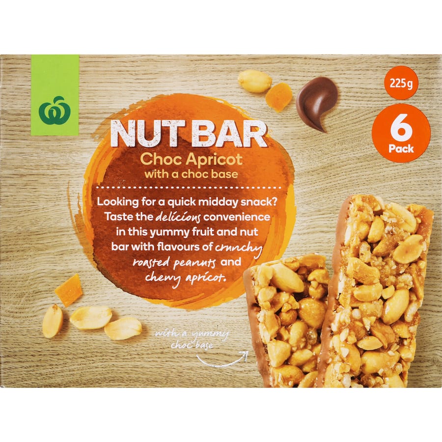 Woolworths Nut Bars with choc apricot, featuring roasted peanuts and a rich chocolate base, perfect for healthy snacking.