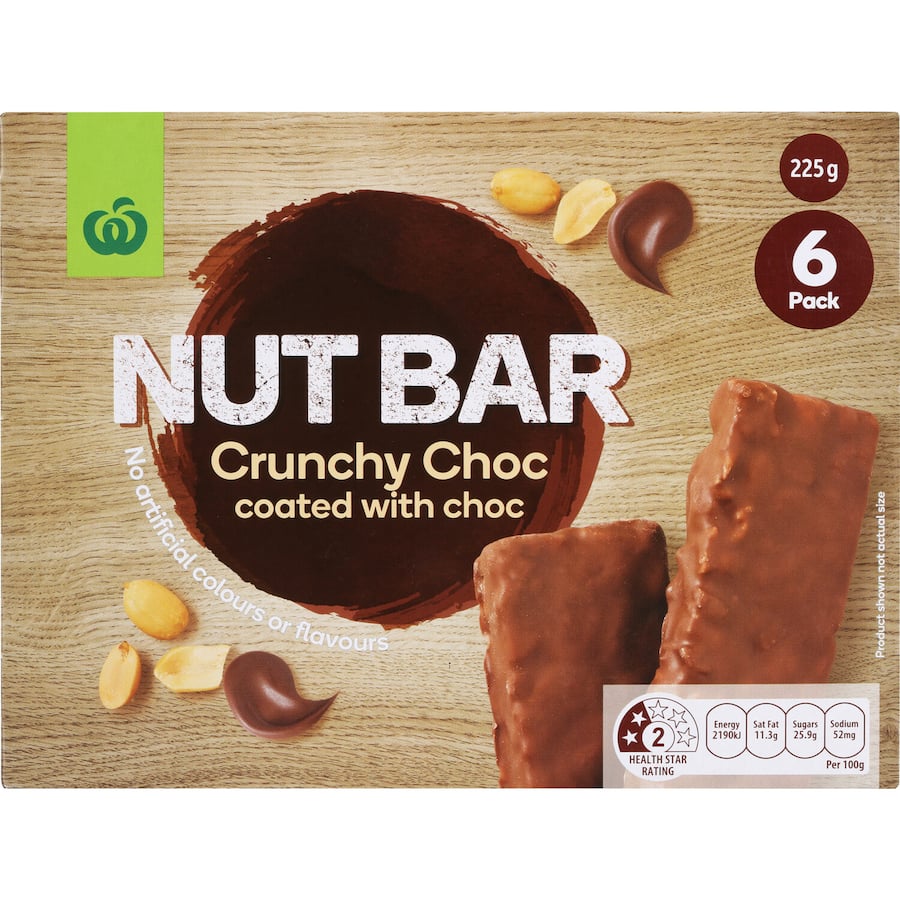 Woolworths Nut Bars with crunchy peanuts and a rich chocolate coating, perfect for on-the-go healthy snacking.