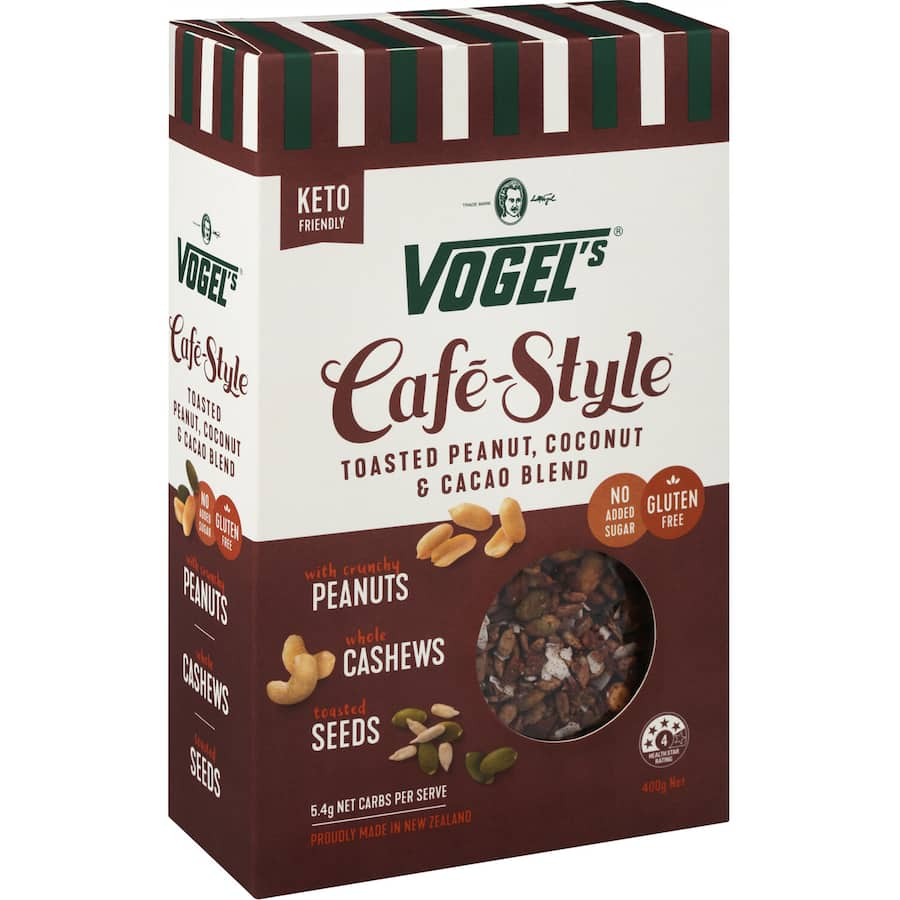 Vogels Cafe Style Muesli Keto Friendly blend featuring crunchy peanuts and cacao, perfect for a nutritious, low-carb breakfast.