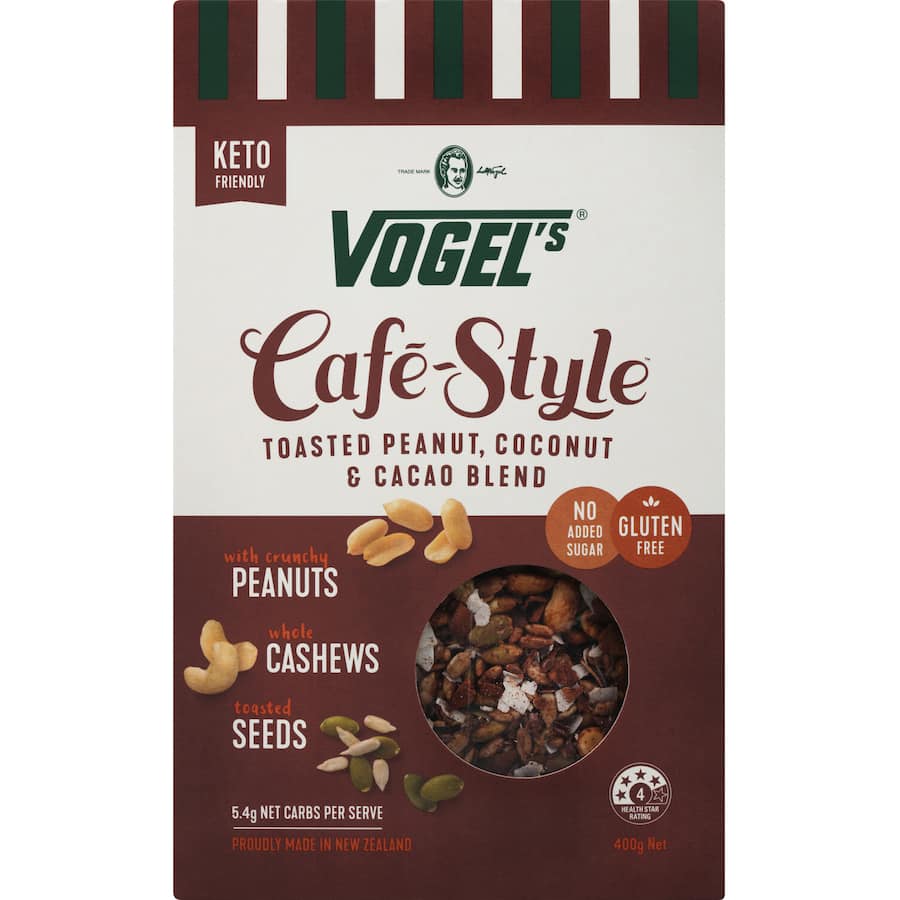 Vogels Cafe Style Muesli with peanuts and cacao, keto-friendly, gluten-free, rich in protein and nutrients, perfect for breakfast.