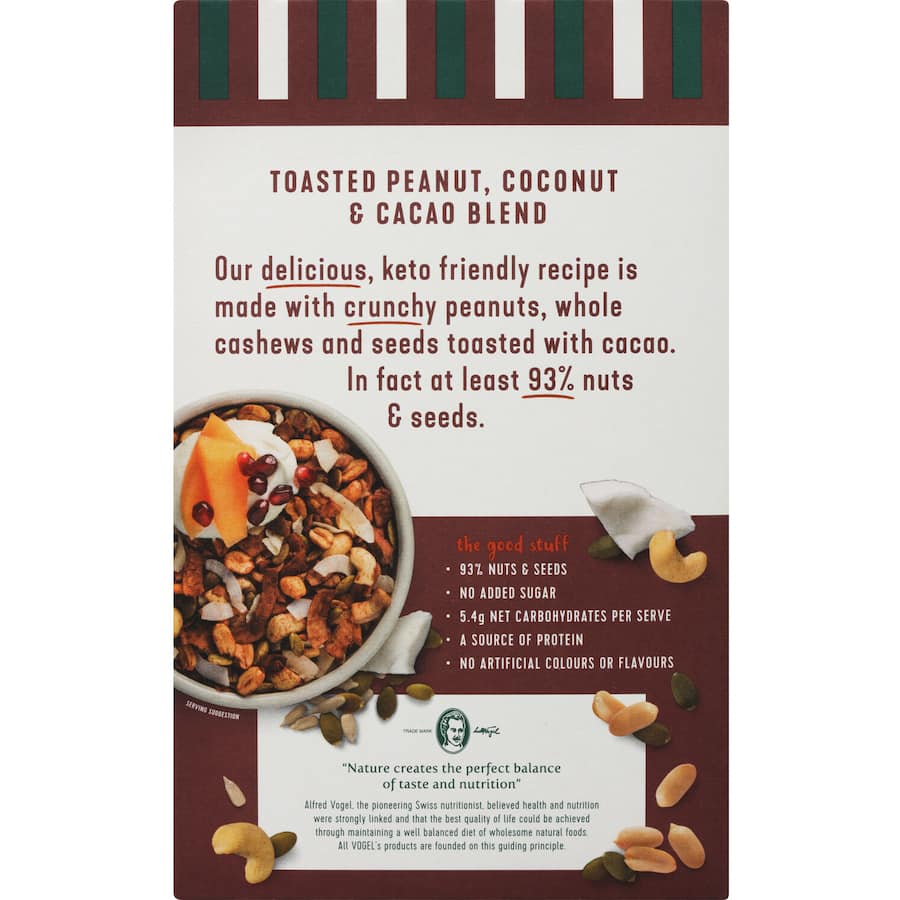 Vogels Cafe Style Muesli features crunchy peanuts and cacao, keto-friendly with 5.4g net carbs, gluten-free, and made in New Zealand.