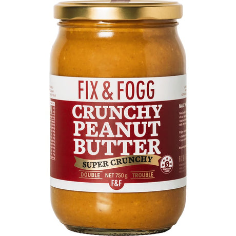 Fix & Fogg Super Crunchy Peanut Butter Double Trouble jar, showcasing rich flavor and texture from hi-oleic peanuts and sea salt.