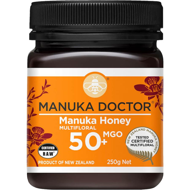 Manuka Doctor Multifloral Honey MGO 50+ jar showcasing New Zealand’s premium, pure honey for wellness and culinary uses.