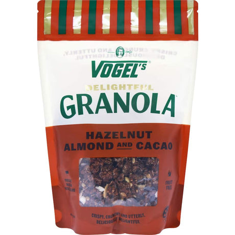 A bowl of Vogel's Delightful Granola with hazelnuts and cacao, perfect for a nutritious, chocolate-flavored snack or breakfast.