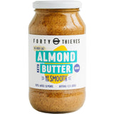 Forty Thieves Almond Butter Smooth in a 500g recycled glass jar, made from 100% non-GMO almonds for a rich, textured taste.