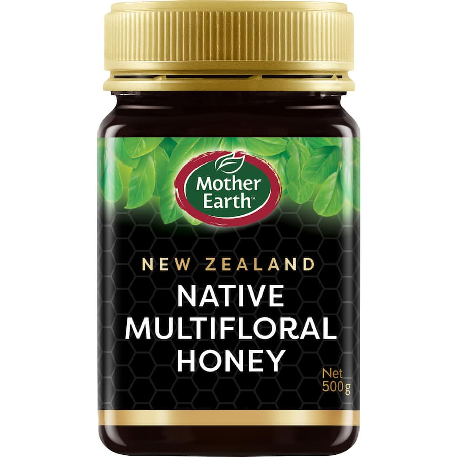 Golden Mother Earth Multiflora Honey from New Zealand, rich in flavors, antioxidants, and perfect for sweetening foods and drinks.