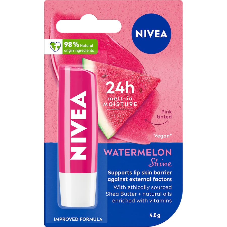 NIVEA Watermelon Shine Lip Balm offers a fruity scent, pink shine, and 24-hour hydration for soft, smooth lips.