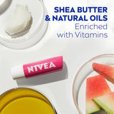 NIVEA Watermelon Shine Lip Balm offering intense hydration, a fruity aroma, and a subtle pink shine for soft, kissable lips.