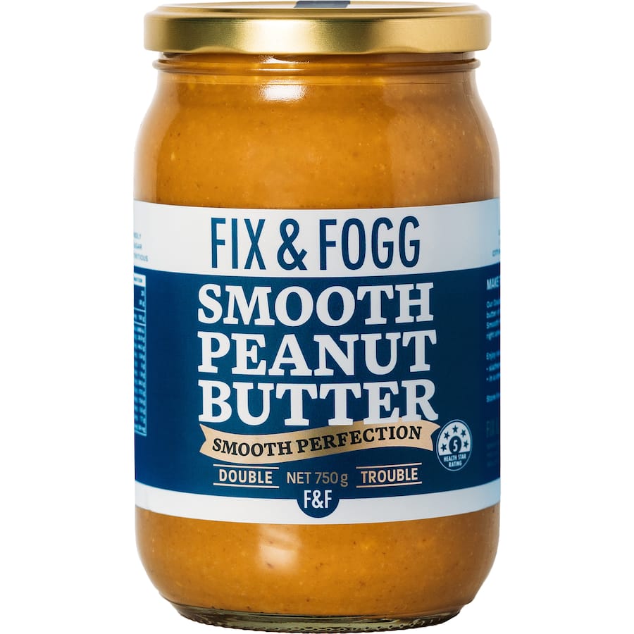 Rich, creamy Fix & Fogg Peanut Butter Smooth Double Trouble in a 750g jar, perfect for versatile healthy recipes and snacks.