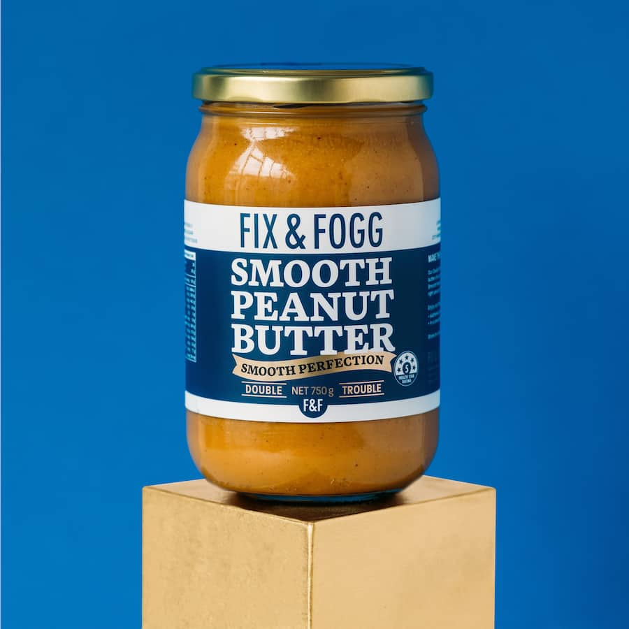 Creamy Fix & Fogg Peanut Butter Smooth Double Trouble in a 750g jar, made from hi-oleic peanuts and New Zealand sea salt.