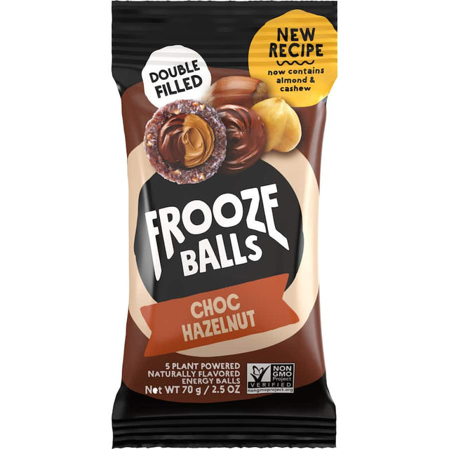 Frooze Balls Choc Hazelnut: coconut-covered snack balls packed with chocolate, hazelnuts, and real fruit for guilt-free indulgence.