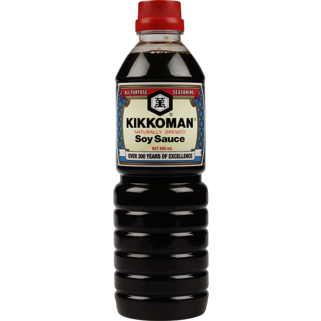 A bottle of Kikkoman Soy Sauce showcasing its rich umami flavor, ideal for enhancing various culinary dishes.