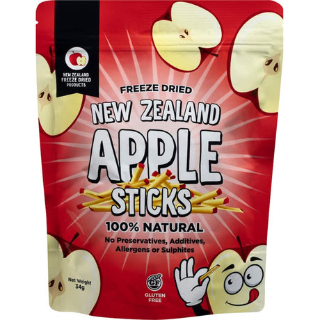 NZ Freeze Dried Apple Sticks: Crunchy gluten-free snacks made from fresh New Zealand apples, perfect for healthy snacking on-the-go.