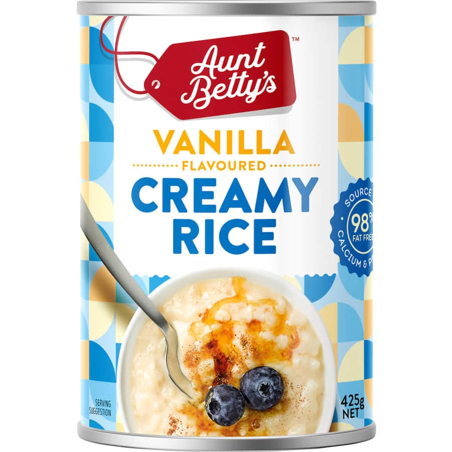 Aunt Betty's Creamed Rice Vanilla: creamy, 98% fat-free rice pudding, high in calcium, convenient for snacks or desserts.