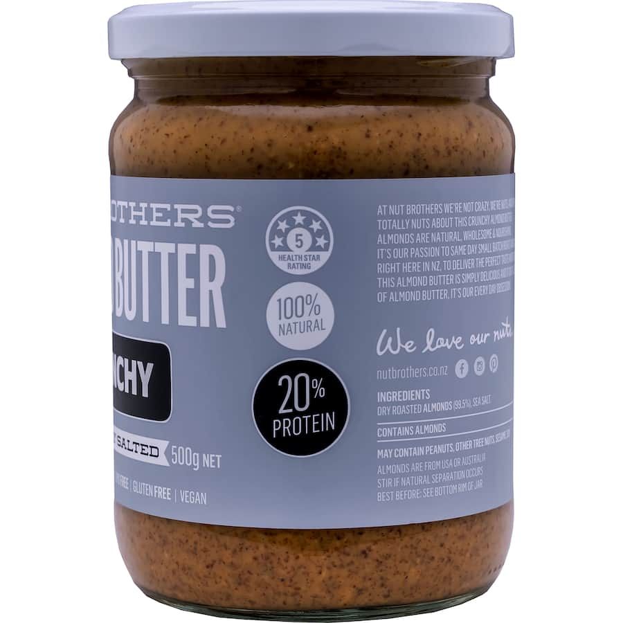 Nut Brothers Almond Butter Crunchy, a nutritious spread made from whole almonds with a rich, satisfying crunch.