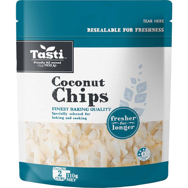 Crispy Tasti Coconut Chips in a re-sealable pouch, perfect for snacking, baking, and adding tropical flavor to dishes.