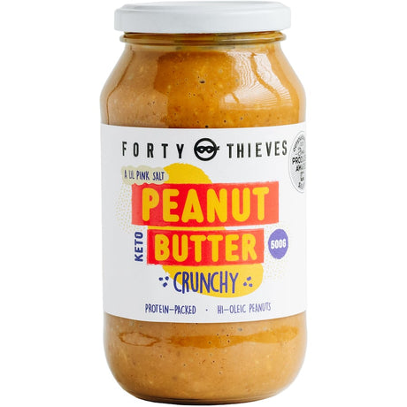 A 500g jar of Forty Thieves Crunchy Peanut Butter, packed with golden-roasted peanuts and Himalayan salt for extra crunch.