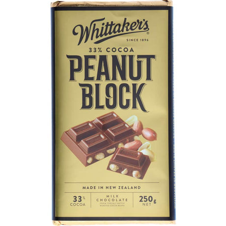 Whittakers Chocolate Peanut 250g block featuring smooth milk chocolate and crunchy roasted peanuts for indulgent snacking.