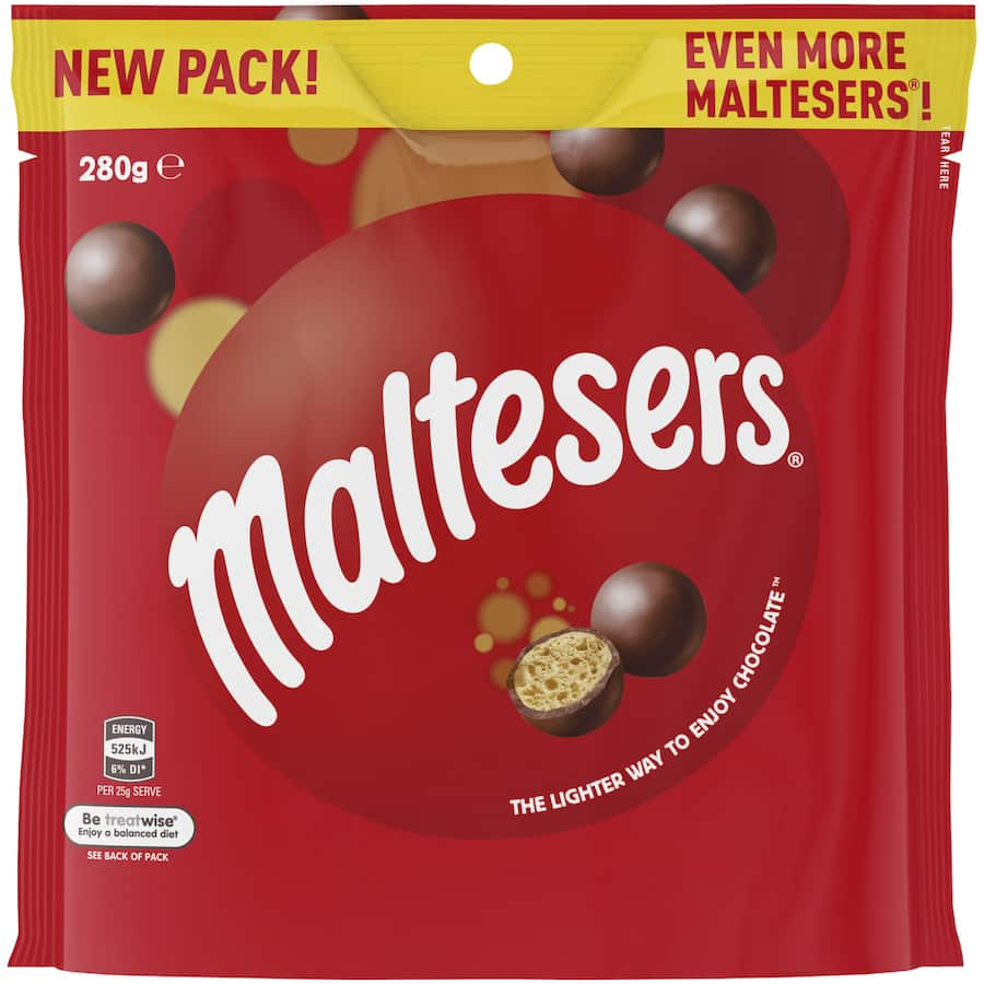 Maltesers Chocolate Sharepack Pouch filled with crispy malt centers coated in smooth milk chocolate, perfect for sharing and snacking.