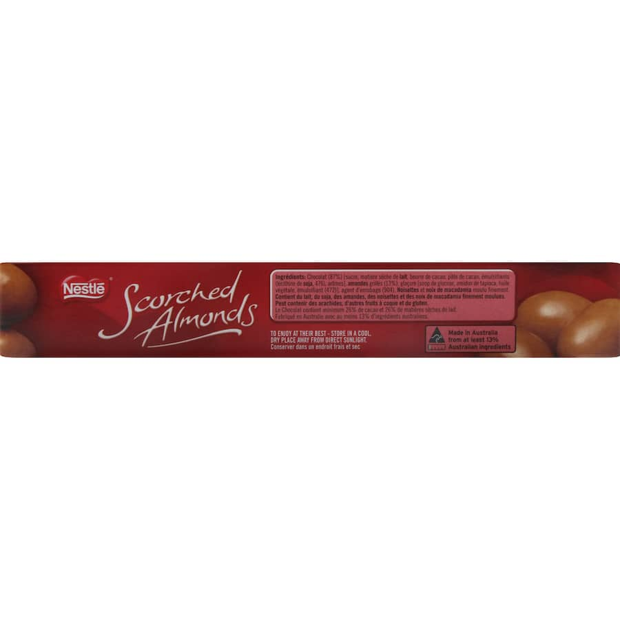 Nestle Scorched Almonds are roasted almonds coated in rich milk chocolate, offering a crunchy and indulgent treat.