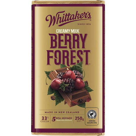 Whittakers Chocolate Berry Forest features creamy milk chocolate with cherry berry jubes and crunchy black cocoa biscuits.