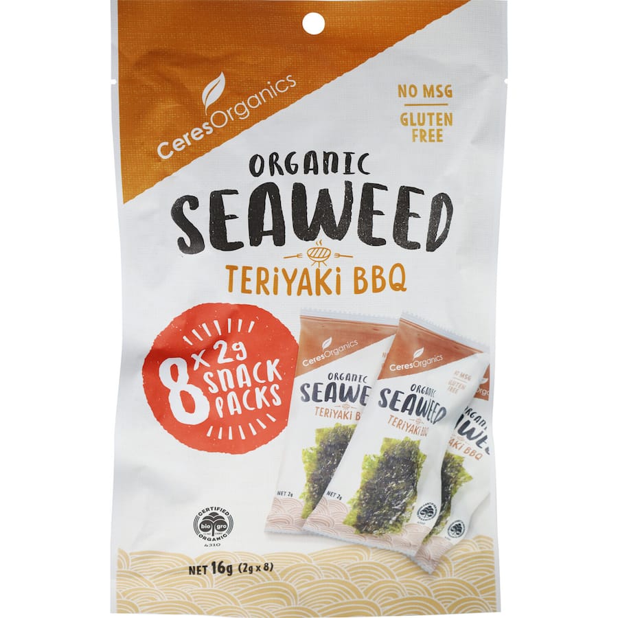 Ceres Organics Teriyaki BBQ Seaweed Snack, a crispy organic treat packed with flavor and nutrients, including 100% RDI of iodine.