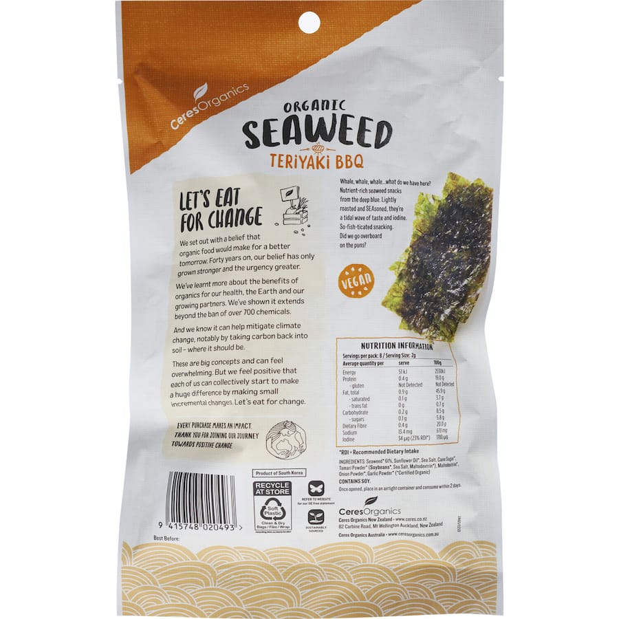 Ceres Organics Teriyaki BBQ seaweed snack, a crispy, nutrient-rich treat made from organic nori, offering umami flavor.