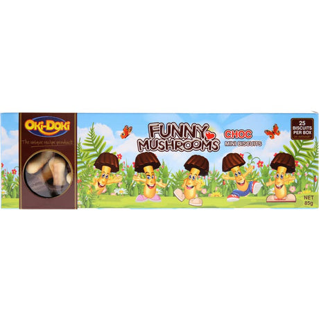 Oki Doki Funny Mushrooms Biscuits: Adorable chocolate snacks shaped like mushrooms, perfect for kids and family enjoyment.