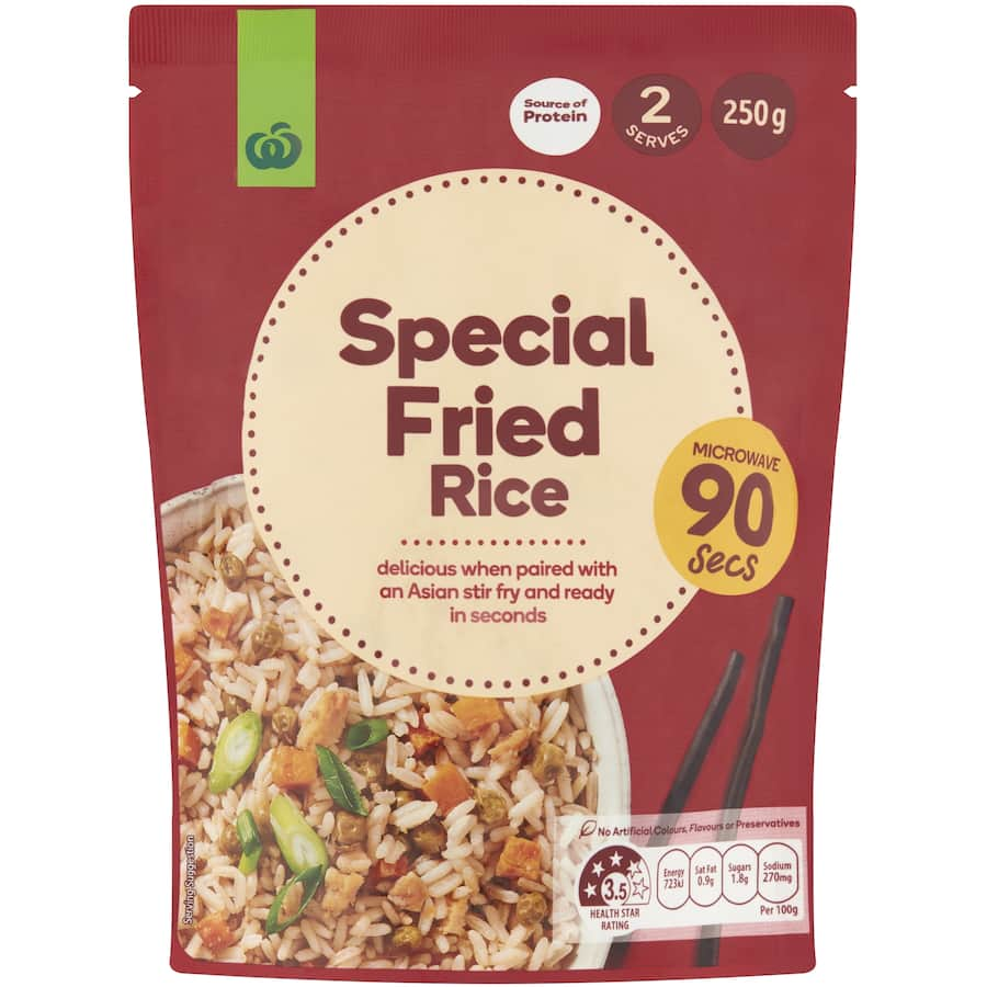 Woolworths Special Fried Rice pack featuring a flavorful mix of rice, veggies, and seasonings for quick, satisfying meals.