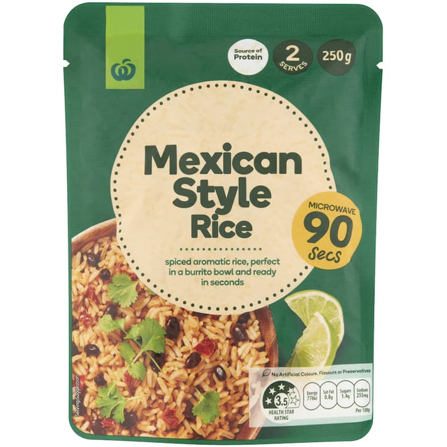 Woolworths Mexican Style Rice pack, 250g, vibrant and flavorful, perfect for quick Mexican meals at home.