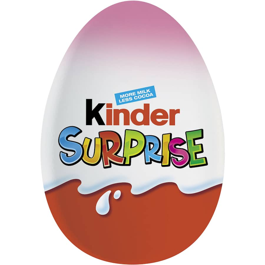 Kinder Chocolate Snack Surprise Pink egg with creamy milk chocolate and a fun surprise toy inside for kids’ delight.