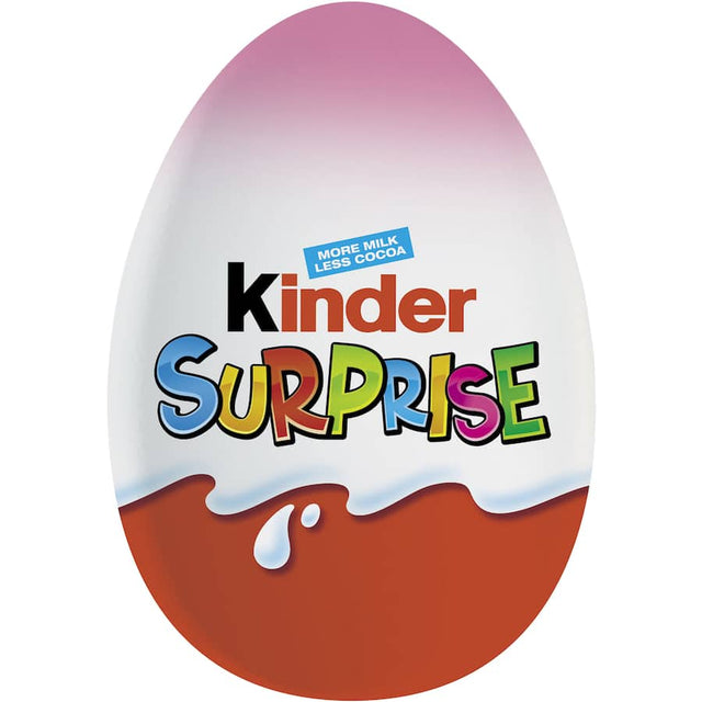 Kinder Chocolate Snack Surprise Pink egg with creamy milk chocolate and a fun surprise toy inside for kids’ delight.