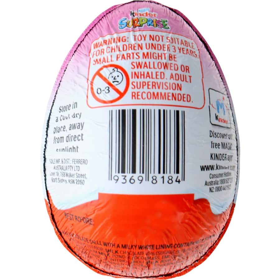 Kinder Chocolate Snack Surprise Pink features creamy milky chocolate with a fun, surprising toy inside for kids' delight.