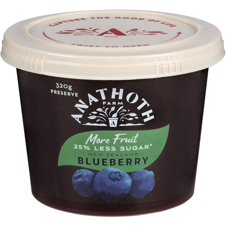 Anathoth Farm Blueberry Jam with 25% less sugar, perfect for toast and yogurt, made in New Zealand with ripe blueberries.