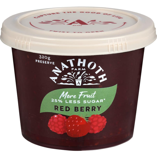 Anathoth Farm Red Berry Jam with 25% less sugar, made from ripe berries for a healthier, delicious spread.