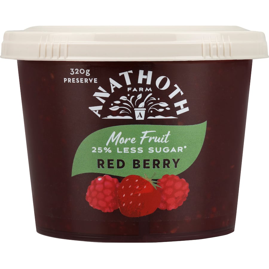 Anathoth Farm Red Berry Jam with 25% less sugar, made from ripe berries for a guilt-free delicious spread.