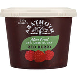 Anathoth Farm Red Berry Jam with 25% less sugar, made from ripe berries for a guilt-free delicious spread.