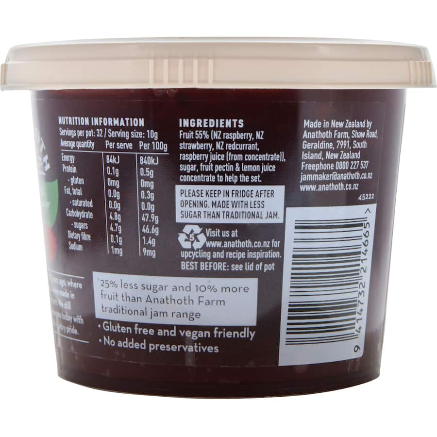 Anathoth Farm Red Berry Jam with 25% less sugar, made from ripe berries for a guilt-free, flavorful spread.