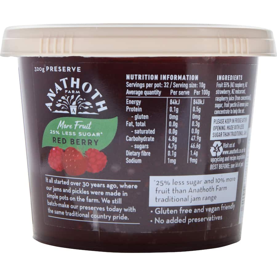 Anathoth Farm Red Berry Jam with 25% less sugar, made from ripe berries for a healthier, guilt-free spread.