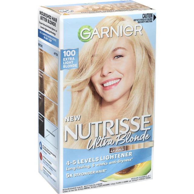 Garnier Nutrisse Creme in 10 Chamomile Ultra Light offers nourishing, vibrant hair color with up to 100% grey coverage.